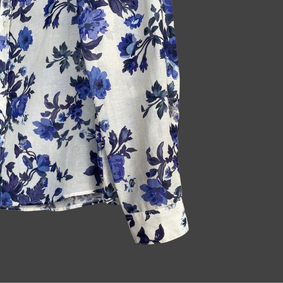 SEZANE Blue & White Floral Printed Lightweight Silk Button Down Pierro Shirt - Picture 6 of 15